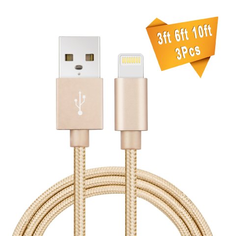 iPhone Charger Cable, X-cable Nylon Braided Apple Syncing and Charging Cable for iPhone 5 5s 5c 6 6s plus SE, iPad Air Mini Pro, iPod Touch 5 Nano 7-3 Pack 3ft 6ft 10ft-Gold