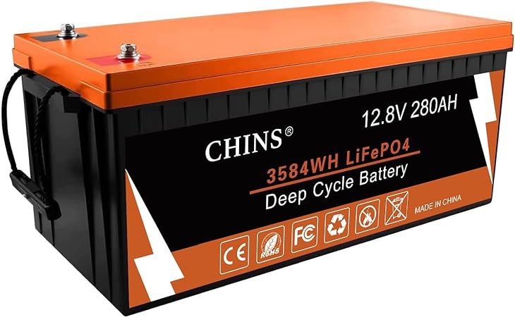 CHINS 12V 280Ah Bluetooth LiFePO4 Smart Lithium Battery | Built-in 200A BMS | 4500  Cycles, Support Low Temperature Charging (-4℉/-20°C), Phone Monitors Battery SOC Data, for Golf Cart, RV, Solar etc