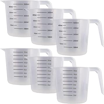 U.S. Kitchen Supply - 16 oz (500 ml) Plastic Graduated Measuring Cups with Pitcher Handles (Pack of 6) - 2 Cup Capacity, Ounce and ML Cup Markings - Measure & Mix Recipe Ingredients, Flour, Water, Oil