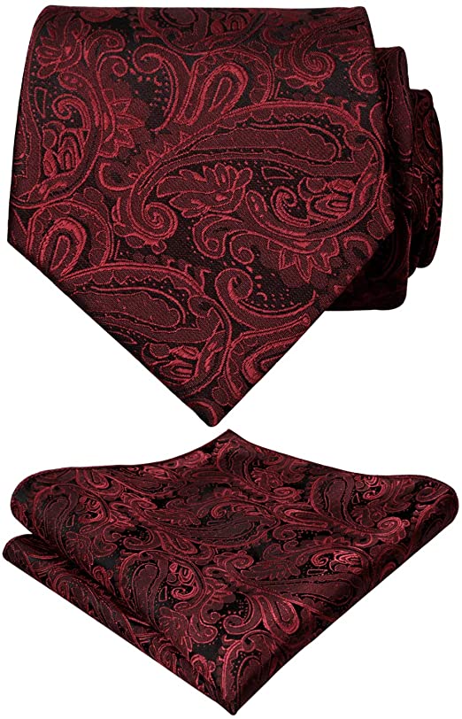 Men's Paisley Floral Tie Handkerchief Wedding Woven Necktie Set, Maroon