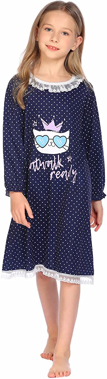 Arshiner Girls Cat Nightgown Long Sleeve Princess Lace Sleepwear Dress