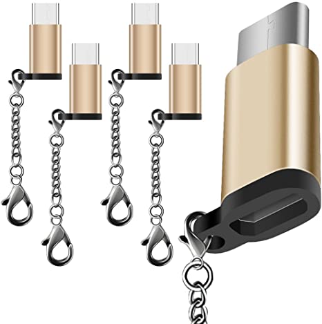 5 Pack USB Type C Adapter, AFUNTA USB C to Micro USB Convert Connector Fast Charger with Keychain Compatible Samsung Galaxy S8 New MacBook Pixel XL Nexus 5X 6P-Gold