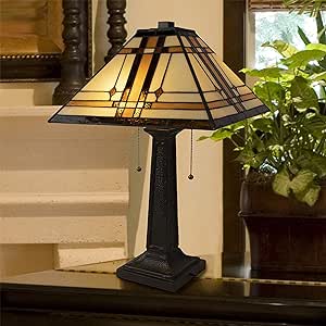 Lavish Home Tiffany-Style Table Lamp – Mission-Design Art Glass Lighting with 2 LED Bulbs Included – Vintage-Look Handcrafted Room Décor