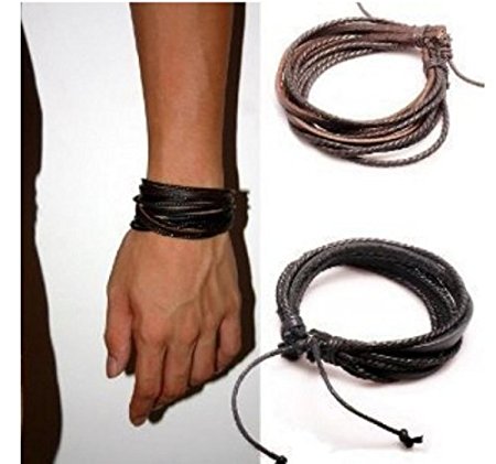 Perfect Shopping Men,Women's Adjustable Black & Brown Leather Wristband and Rope Cuff Bracelet, 18cm, 2-Pack