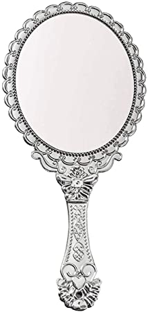 BAOZOON Handheld Mirror with Handle Vintage Compact for Personal Makeup Vanity Travel Skin Care Salon Hand Held Mirror 9.8x4.5in (Silver)