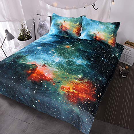 BlessLiving Galaxy Bedding Kids Boys Girls Outer Space Bedding Sets 3 Piece Red Blue Green Nebula Duvet Cover Universe Bed Set (Full)