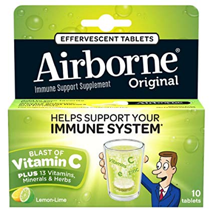 Airborne Immune Support Effervescent Tablets-1000mg Vitamin C With Echinacea, Ginger, Amino Acid Blend, Zinc, & Selenium, Gluten Free, 10 Count, Lemon Lime