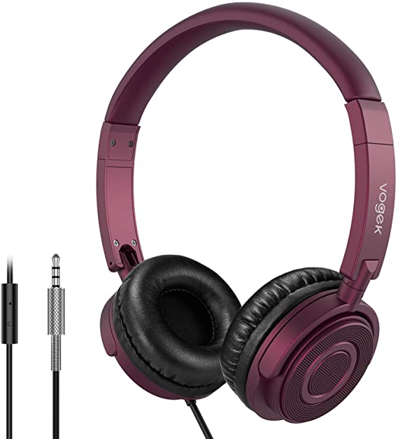 Vogek Headphones with Microphone, Portable Fold-Flat Headsets with Stereo Bass, 1.5M Tangle Free Cord and Adjustable Headband for Home Office Travel, Claret