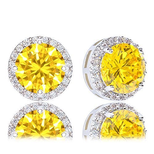 Orrous & Co. 18k Cubic Zirconia Earrings - Beautiful White Gold Plated Studs - 3.45 Carats Round Cut Cubic Zirconia- Halo Shaped Gemstone - Beautiful and Elegant Present Idea