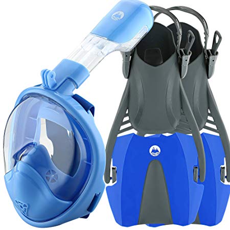 cozia design Snorkel Set with Full Face Snorkel Mask and Travel Adjustable Swim Fins