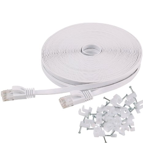 Jadaol® Cat6 Ethernet cable Flat 75 ft with Cable Clips, Rj45 Snagless gold-plated Connectors - 75 Feet White (22 Meters)