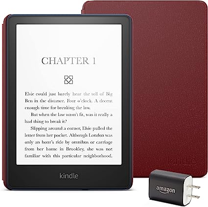 Kindle Paperwhite Essentials Bundle including Kindle Paperwhite (16 GB) - Denim, Leather Cover - Merlot, and Power Adapter