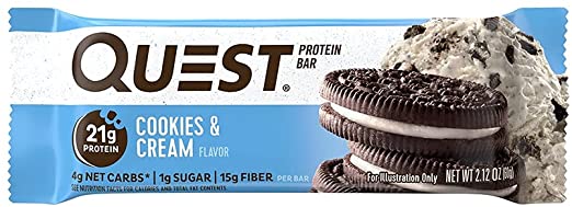 Quest Nutrition Cookies and Cream Protein Bar, High Protein, Low Carb, Gluten Free, Keto Friendly, 12 Count