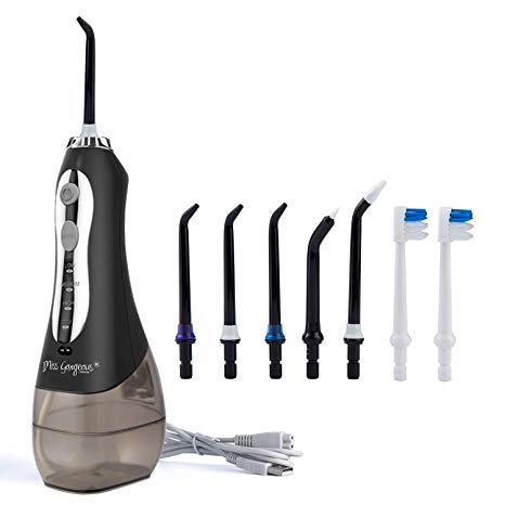 Water Flosser Teeth Cleaner - Miss Gorgeous Professional Portable Cordless Dental Oral Irrigator with 300ml Water Tank IPX7 Waterproof 3 Mode USB Rechargable with 5 Jet Nozzles (black)