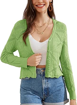 GRACE KARIN Women Crochet Cropped Cardigan Casual Elegant Lightweight Button Sweater Long Sleeve Hollowed-Out Shrug Tops