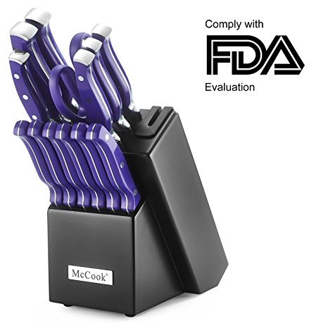 McCook MC27 14 Pieces FDA Certified High Carbon Stainless Steel kitchen knife set with Wooden Block, All-purpose Kitchen Scissors and Built-in Sharpener(Violet)