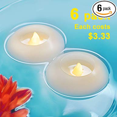 Homemory 100 Hour LED Floating Candles, 3 Inch, White Wax, Battery Flickering Waterproof Tealights - Wedding Centerpiece, Engagement, Dinner Parties, Beach Parties, Home Decor, Set of 6