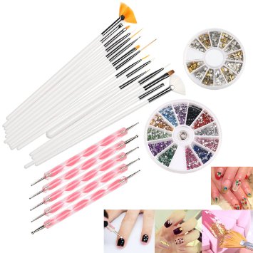 RUIMIO 12 Colors Nail Art Stickers, 15 pcs Nail Art Brushes, 5pcs Dotting Pen and 3D Nail Art Manicure Wheel with Gold and Silver Metal Studs