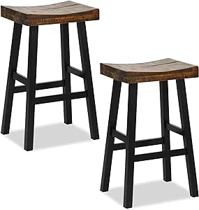 Giantex Bar Stools Set of 2, 29" Bar Height Saddle Stools, Bar Dining Chairs with Rubber Wood Frame & Footrest, Backless Barstools for Kitchen Island, Dining Room, Pub, Rustic Brown