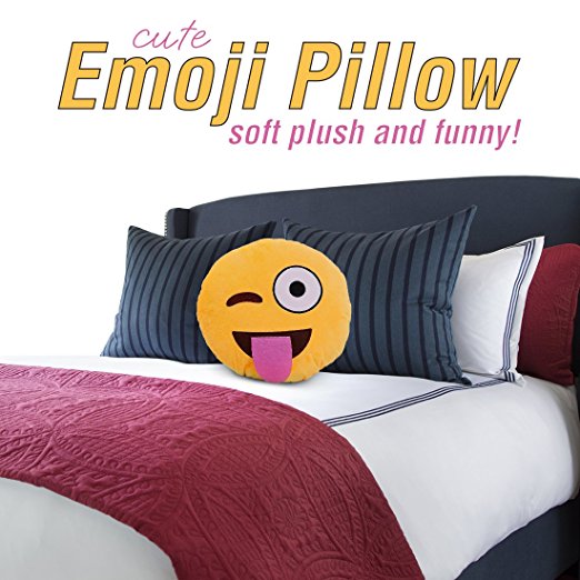Emoji Cute Pillow Sticking Tongue w' Winking - Cartoon Wink Face - Yellow Stuffed Soft Plush - Set of All Collection - Perfect Fun Item - All Ages - For House, Living Room, Sleep Bedroom 14" (35cm)