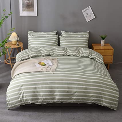 M&Meagle 3 Pieces Stripe Duvet Cover Green Set with Zipper Closure,100% Microfiber Fabric,Luxury Hotel Quality Bedding-Full Size(1 Duvet Cover 2 Pillowcases)