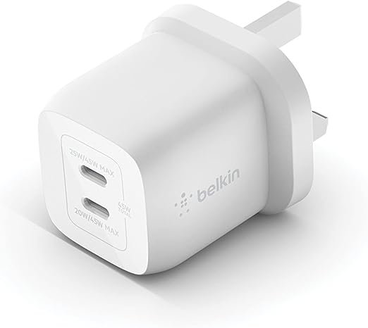 Belkin 45W Dual USB Type C Wall Charger, Fast Charging Power Delivery 3.0 with GaN Technology, USB C Charger for iPhone 15, Plus, Pro, Pro Max, iPad Pro 12.9, 11, MacBook, Galaxy S24, Pixel And More