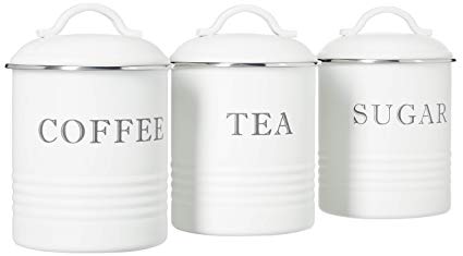 Barnyard Designs Decorative Kitchen Canisters with Lids White Metal Rustic Vintage Farmhouse Country Decor for Sugar Coffee Tea Storage (Set of 3)