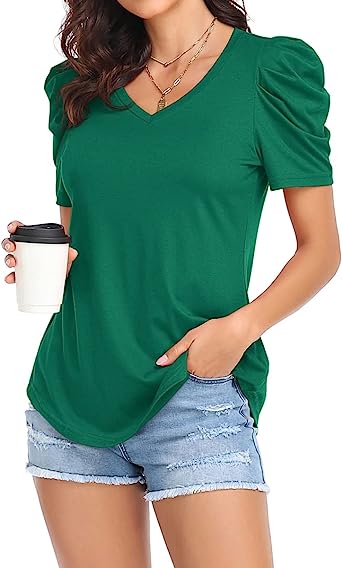 JINKESI Women's Summer V Neck Tshirts Casual Puff Sleeve Tops Shirts