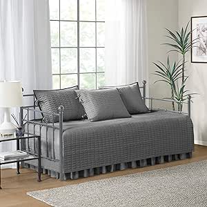 Comfort Spaces Daybed Cover- Luxe Double Sided -Quilting, All Season Cozy Bedding with Bedskirt, Matching Shams, 75'x39' Charcoal Grey 5 Piece