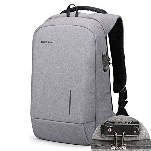 Anti Theft Laptop Backpack, Kingsons Business Travel Computer Bag with USB Charging Port And Lock Anti-Theft Water Resistant for 15.6-Inch Laptop(Light Grey)