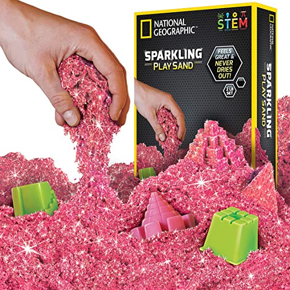 National Geographic Sparkling Play Sand - 2 Lbs of Shimmering Sand with Castle Molds and Tray (Pink) - A Kinetic Sensory Activity