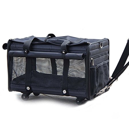 Deluxe Black Soft Sided Pet Carrier on Wheels Dog Carrier Bag Airport Cat Carrier by Yotache