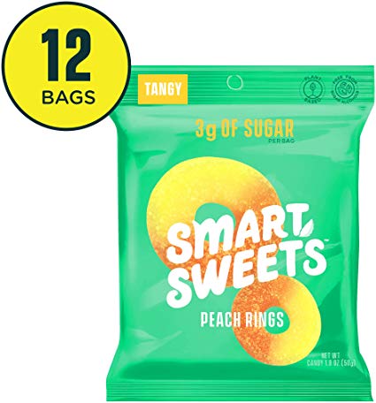 SmartSweets Peach Rings, 1.8 Oz Bags (Box of 12), Candy with Low-Sugar (3g) and Low-Calories (80)- Free of Sugar Alcohols and No Artificial Sweeteners, 12 Count