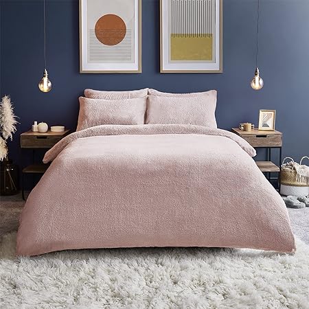 Silentnight Teddy Fleece Duvet Set – Teddy Bear Bedding Fluffy Fleece Duvet Cover and Pillowcase Set Warm Cosy and Super Soft – Single – 135x200cm – Blush Pink