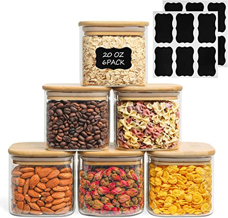 ComSaf 20 oz Glass Food Storage Jars Set of 6, Clear Storage Containers with Airtight Bamboo Lid, Pantry Organization Jar, Spice, Blooming Tea, Coffee and Sugar Container, Canister Set for Kitchen