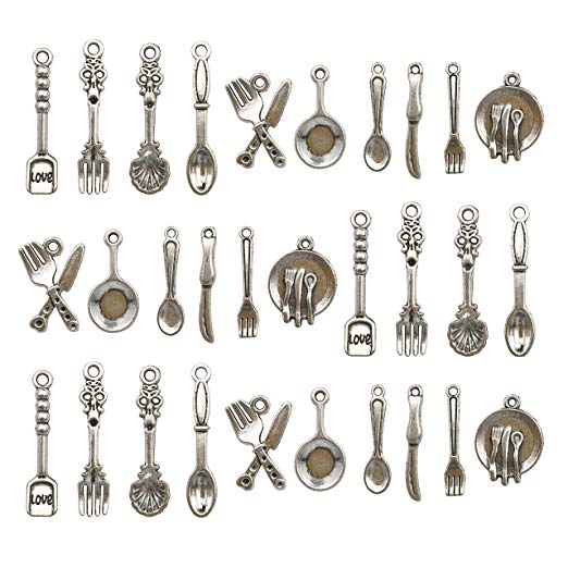 100pcs Craft Supplies Fork Knife Spoon Tableware Charms Pendants for Crafting, Jewelry Findings Making Accessory For DIY Necklace Bracelet M12 (Tableware charms)