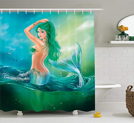 Ambesonne Mermaid Decor Shower Curtain Set, Mermaid in Ocean On Waves Tail Sea Creatures Dramatic Sky Dark Clouds, Bathroom Accessories, 84 Inches Extralong