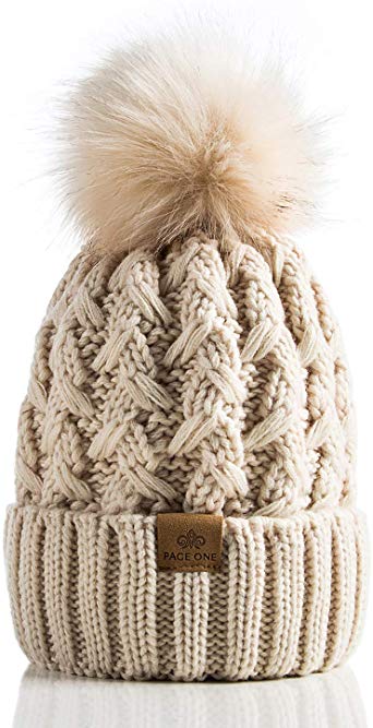 PAGE ONE Womens Winter Ribbed Beanie Crossed Cap Chunky Cable Knit Pompom Soft Warm Hat