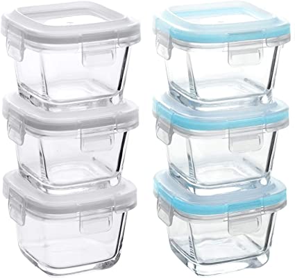 Grizzly Glass Baby Food Storage Container Set - Mini Ovenproof Dishes with Lids - 6 x 160 ml (5.4 Oz) Square - Air and Liquid Tight