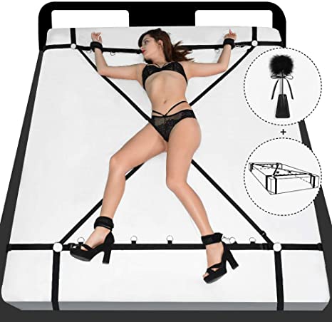 Sex Bondage Restraint Kit UTIMI BDSM Adult Sex Toys for Couple SM Sex Game,with 2X2 Wrists Ankle Cuffs&Fine Webbing &Spreader Bar &Feather Tickler,Adjustable Bondage Set,No Need to Lift The Mattress
