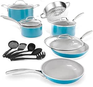 Gotham Steel 15 Piece Ceramic Blue Pots and Pans Set Non Stick Cookware Set, Kitchen Cookware Sets, Pot and Pan Set, Pot Set, Non Toxic Cookware Set, Frying Pan Set, Saucepan Set, Dishwasher Safe