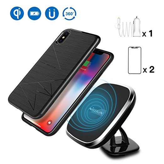 Car Magnetic Wireless Charger,Nillkin 2-in-1 Car Mount Qi Charging Pad,[Slim Magnetic Phone Case][Car Charger Adapter][Screen Protector],Gift Set Electronic Kit for iPhone X/10