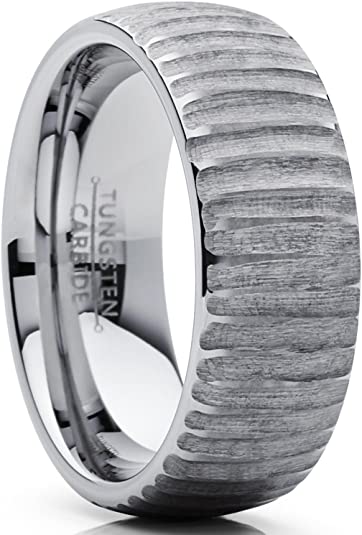 Men's Tungsten Carbide Dome Wedding Band Engagement Ring Chieseled Tree Bark Textured Design