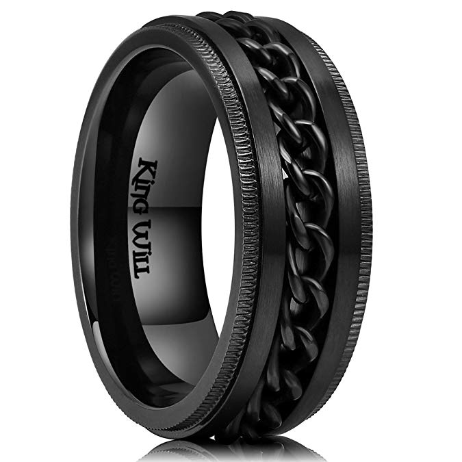 King Will Intertwine 8mm Mens Black Stainless Steel Ring Center Chain Spinner Ring Wedding Band