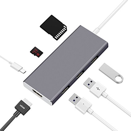 7-in-1 USB C Hub - Inofia Slim Aluminum Portable Adapter 3 USB 3.0 Ports with USB Flash Drives 4K HD&HDMI Output TF/SD Card Reader Type C Charging Port for Type C Mac and PC (Gray)