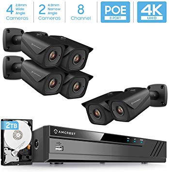 Amcrest 4K Security Camera System w/ 4K 8CH PoE NVR, 6 x 4K IP67 Weatherproof Metal Bullet POE IP Cameras, Pre-Installed 2TB Hard Drive, NV4108E-2496EB28M4-2496EB40M2-2TB (Black)