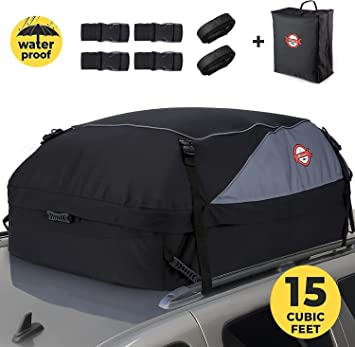 Sailnovo Car Roof Bag Cargo Carrier, 15 Cubic Feet Waterproof Rooftop Cargo Carrier Bag Soft Roof Top Luggage Bag with Storage Bag, 6 Reinforced Straps, Suitable for All Vehicle with/Without Rack