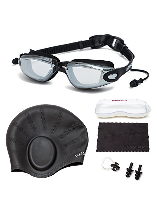 HAIREALM Myopia Swimming Goggles(Prescription 0-8.0 Diopters)  Swimming cap Case Nose Clip and Ear Plugs Dry Cloth, No Leaking Anti-Fog UV Protection for Adult Men Women Youth Kids