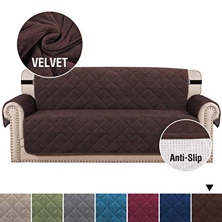 H.VERSAILTEX Ultra Soft Velvet Sofa Covers for Living Room Slip Resistant Quilted Furniture Protector 2" Straps and Pockets Couch Covers for Dogs Sofa Slipcover Protector (Sofa 70", Brown)