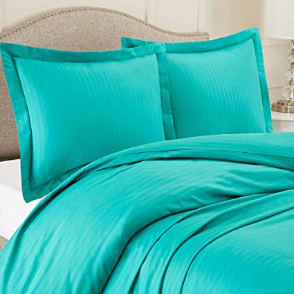 Nestl Bedding Duvet Cover 3 Piece Set – Ultra Soft Double Brushed Microfiber Bedding – Damask Dobby Stripe Comforter Cover and 2 Pillow Shams - King/Cal King 90” x 104” - Teal Blue/Green